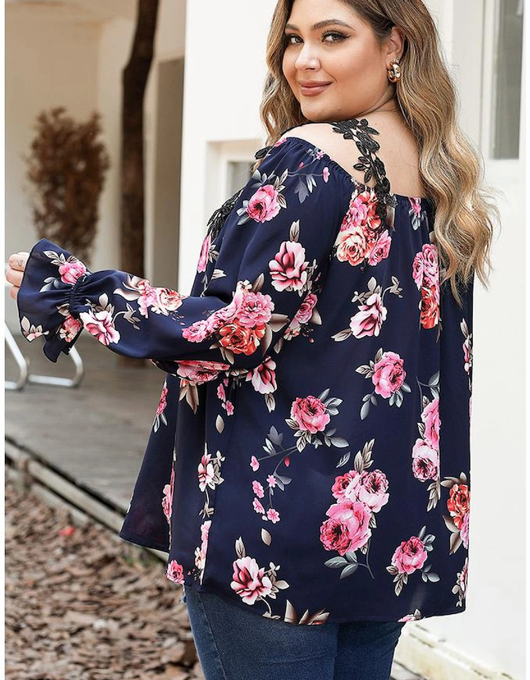 Navy Blue Plus Size Crochet Detail Cold shoulder Floral Blouse