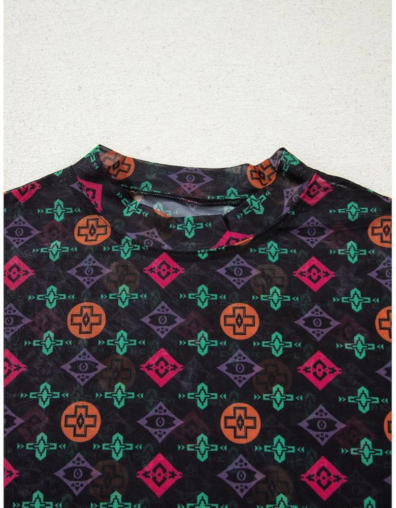 Black Western Aztec Printed Long Sleeve Mesh Top