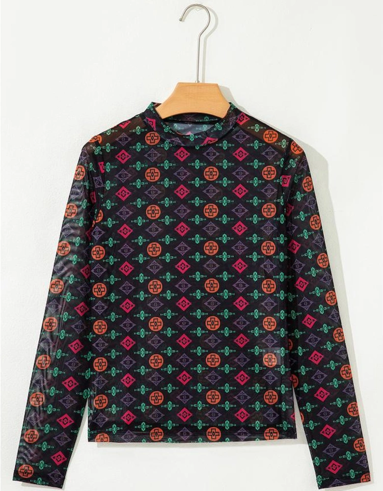Black Western Aztec Printed Long Sleeve Mesh Top