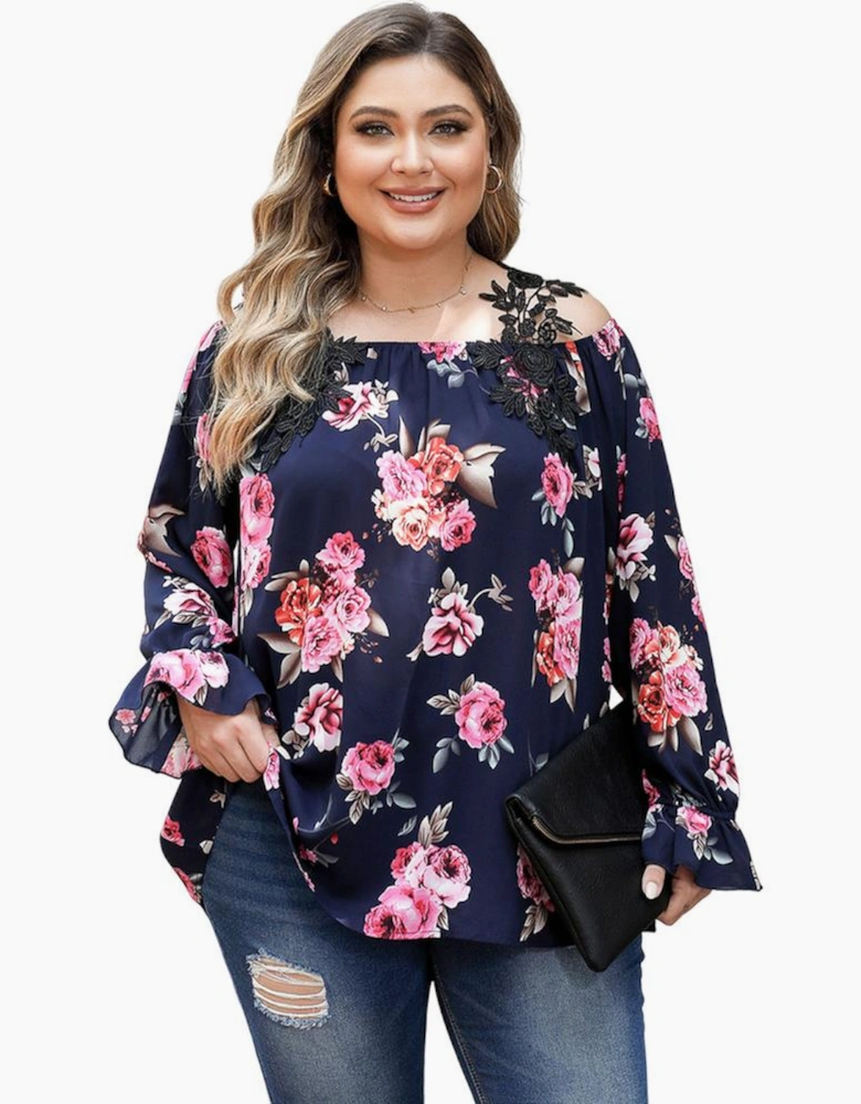 Navy Blue Plus Size Crochet Detail Cold shoulder Floral Blouse