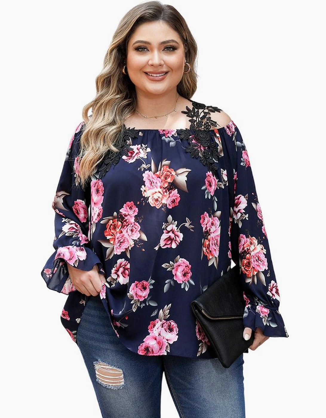 Navy Blue Plus Size Crochet Detail Cold shoulder Floral Blouse