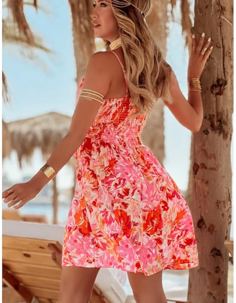 Red Floral Spaghetti Strap Surplice Neck Shirred Waist Mini Dress