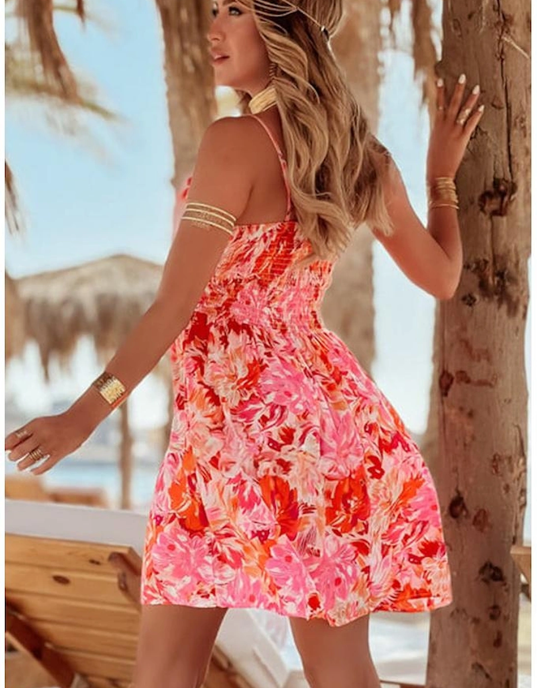 Red Floral Spaghetti Strap Surplice Neck Shirred Waist Mini Dress, 16 of 15