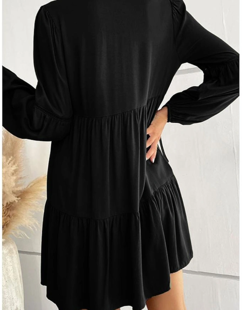 Black Lace Puff Sleeve Buttoned Tiered Ruffled Mini Dress