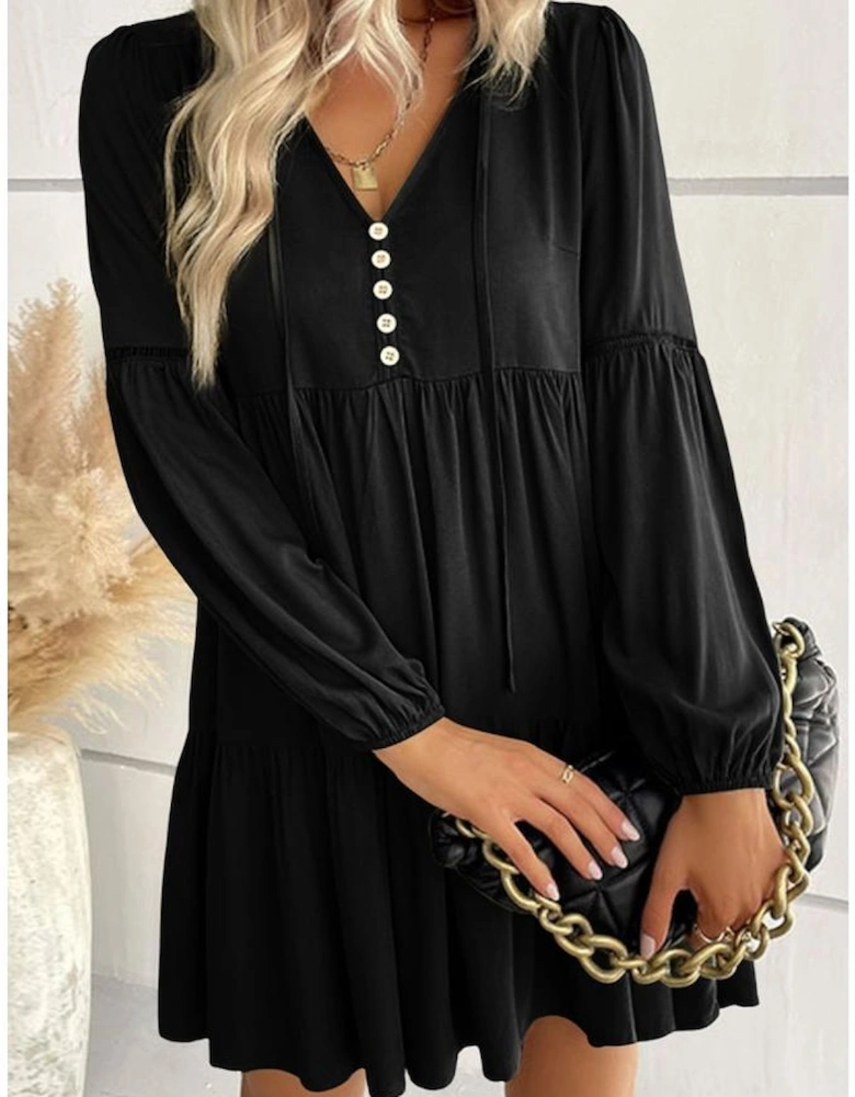 Black Lace Puff Sleeve Buttoned Tiered Ruffled Mini Dress