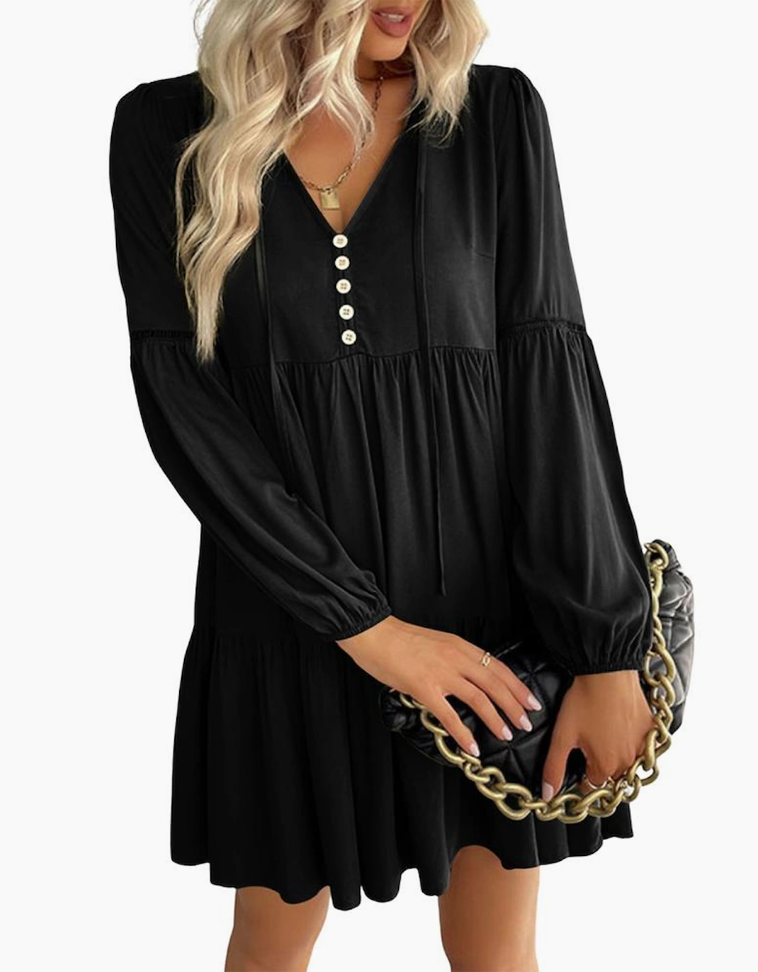Black Lace Puff Sleeve Buttoned Tiered Ruffled Mini Dress