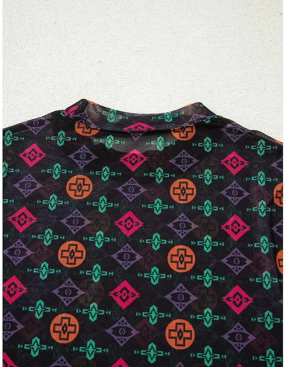 Black Western Aztec Printed Long Sleeve Mesh Top