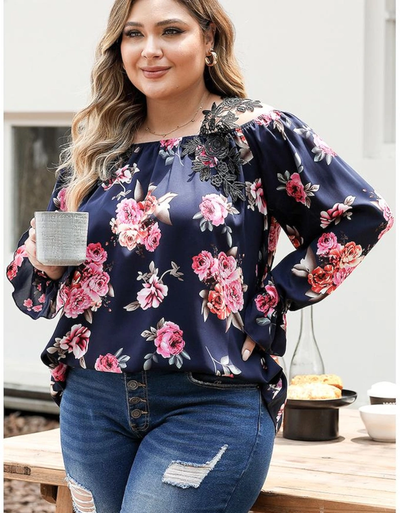 Navy Blue Plus Size Crochet Detail Cold shoulder Floral Blouse