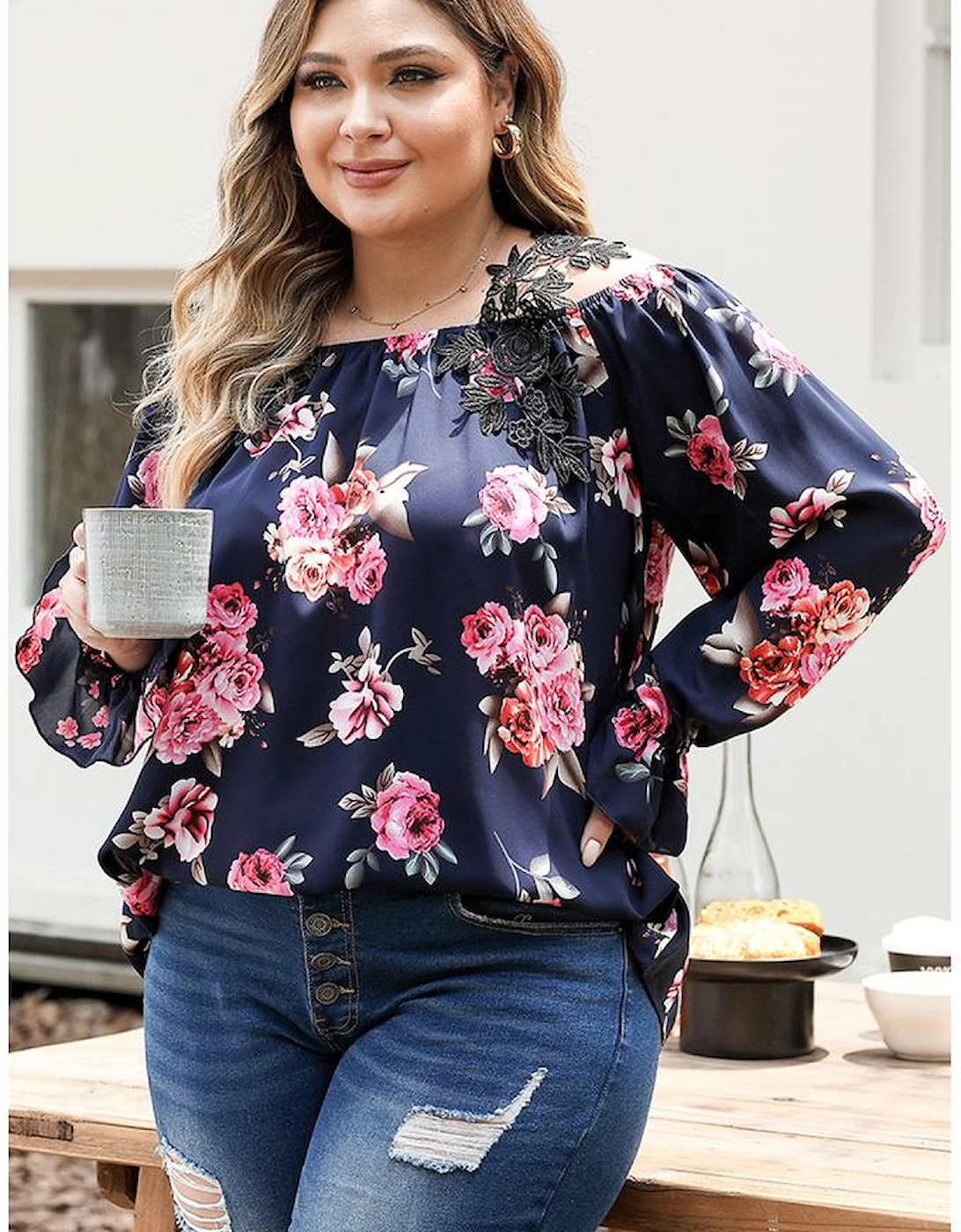 Navy Blue Plus Size Crochet Detail Cold shoulder Floral Blouse