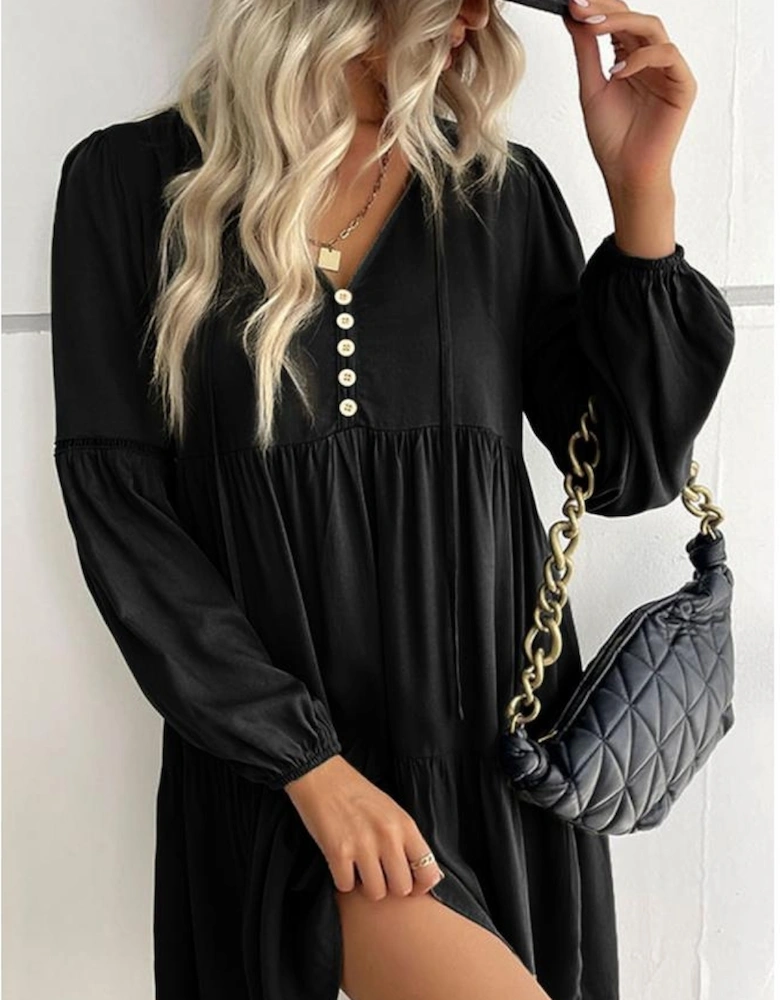 Black Lace Puff Sleeve Buttoned Tiered Ruffled Mini Dress