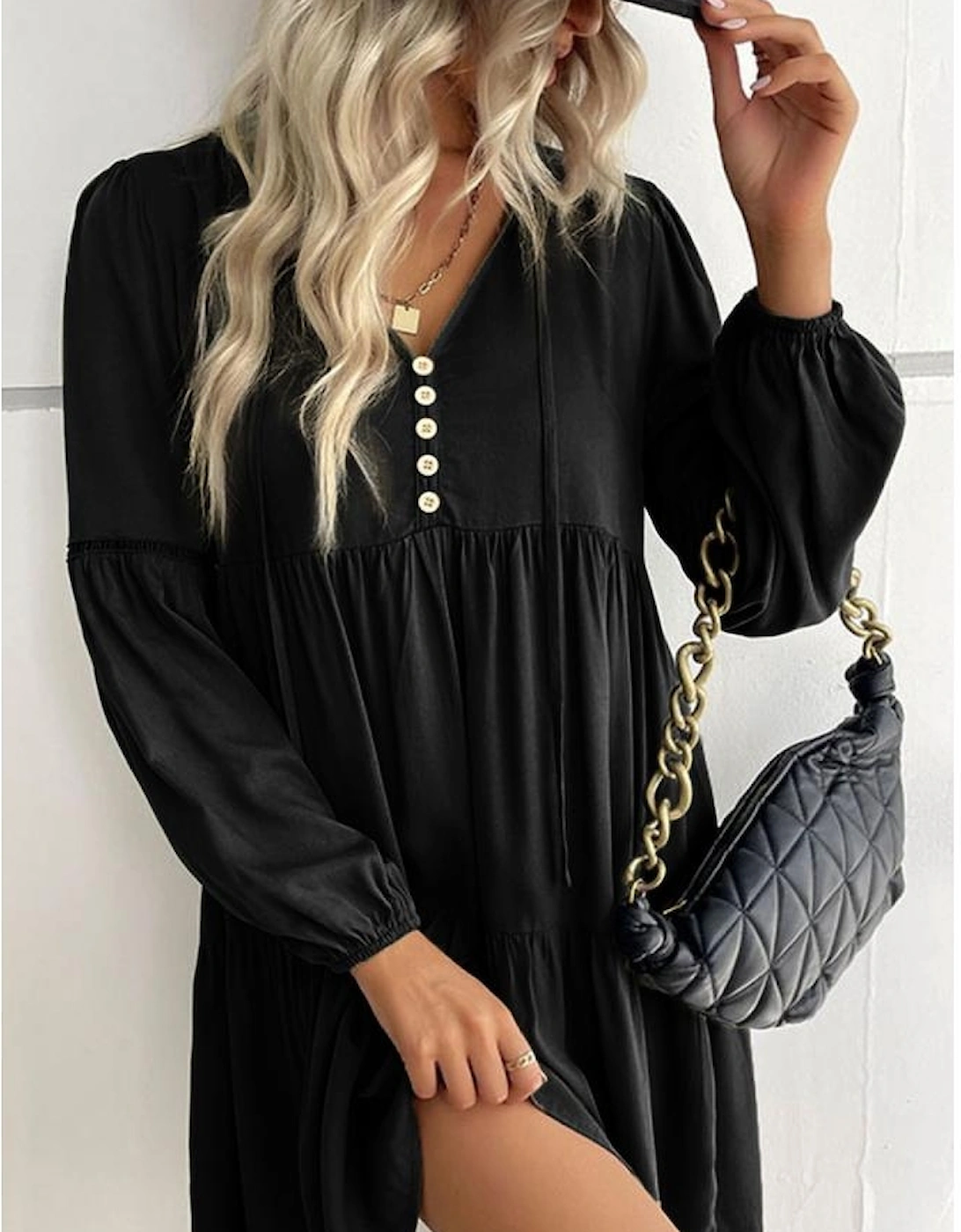Black Lace Puff Sleeve Buttoned Tiered Ruffled Mini Dress