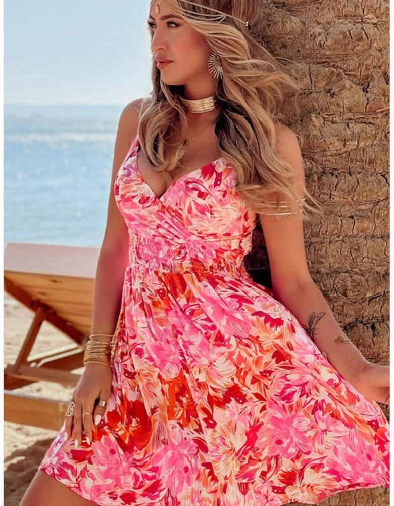 Red Floral Spaghetti Strap Surplice Neck Shirred Waist Mini Dress