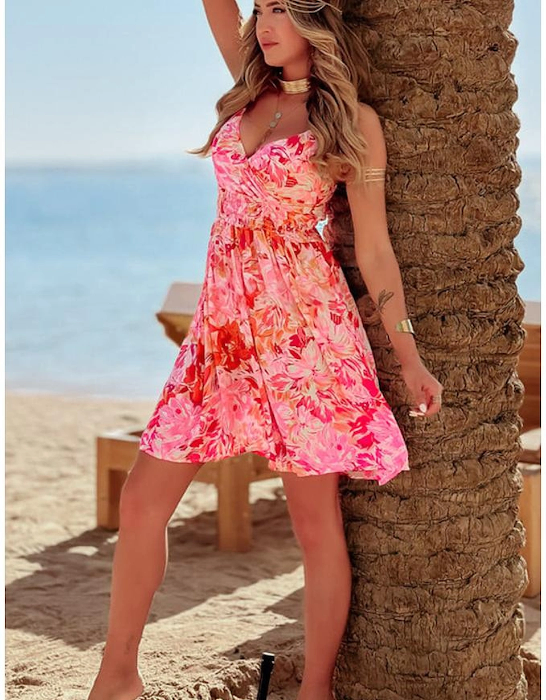 Red Floral Spaghetti Strap Surplice Neck Shirred Waist Mini Dress