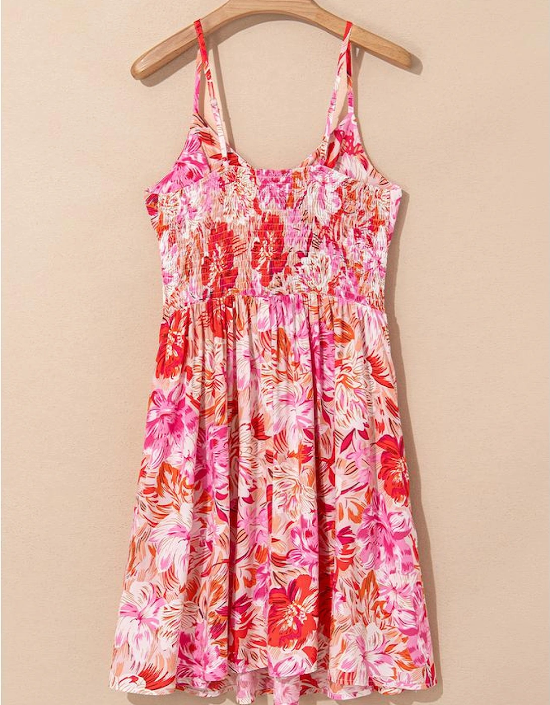 Red Floral Spaghetti Strap Surplice Neck Shirred Waist Mini Dress