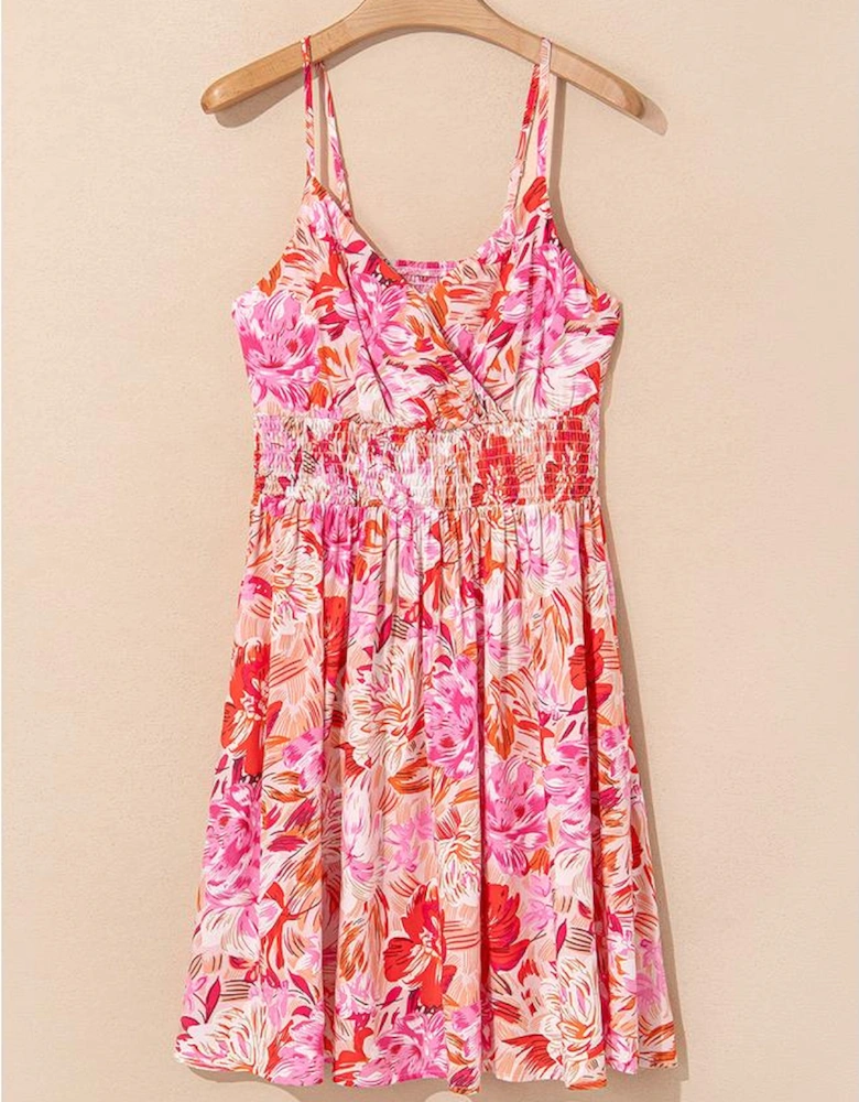 Red Floral Spaghetti Strap Surplice Neck Shirred Waist Mini Dress