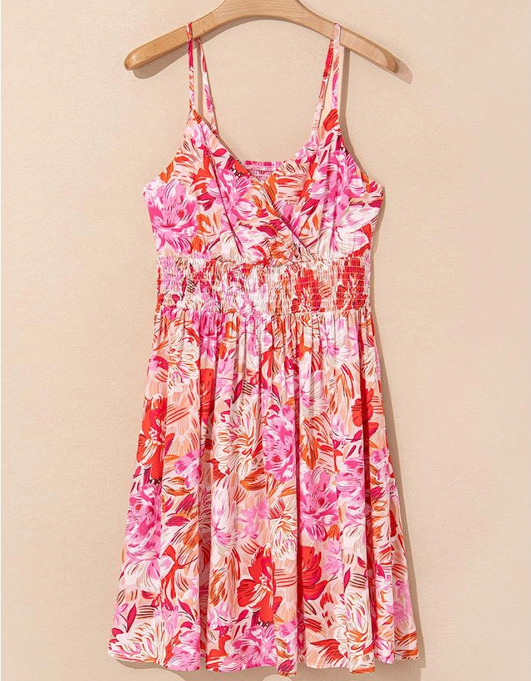 Red Floral Spaghetti Strap Surplice Neck Shirred Waist Mini Dress