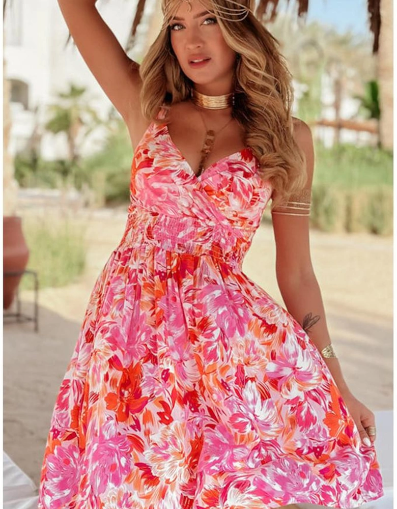 Red Floral Spaghetti Strap Surplice Neck Shirred Waist Mini Dress