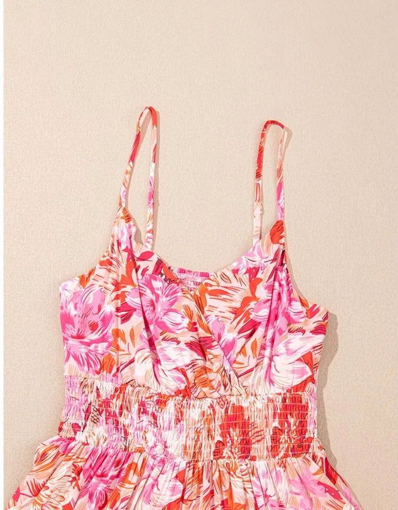 Red Floral Spaghetti Strap Surplice Neck Shirred Waist Mini Dress