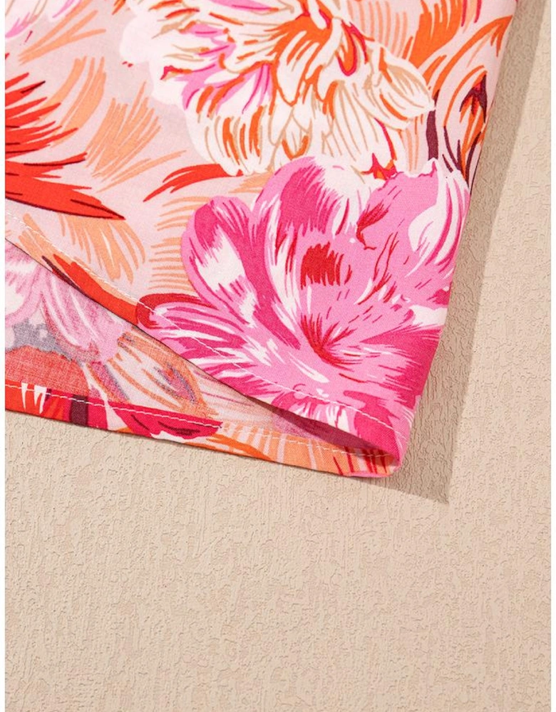 Red Floral Spaghetti Strap Surplice Neck Shirred Waist Mini Dress