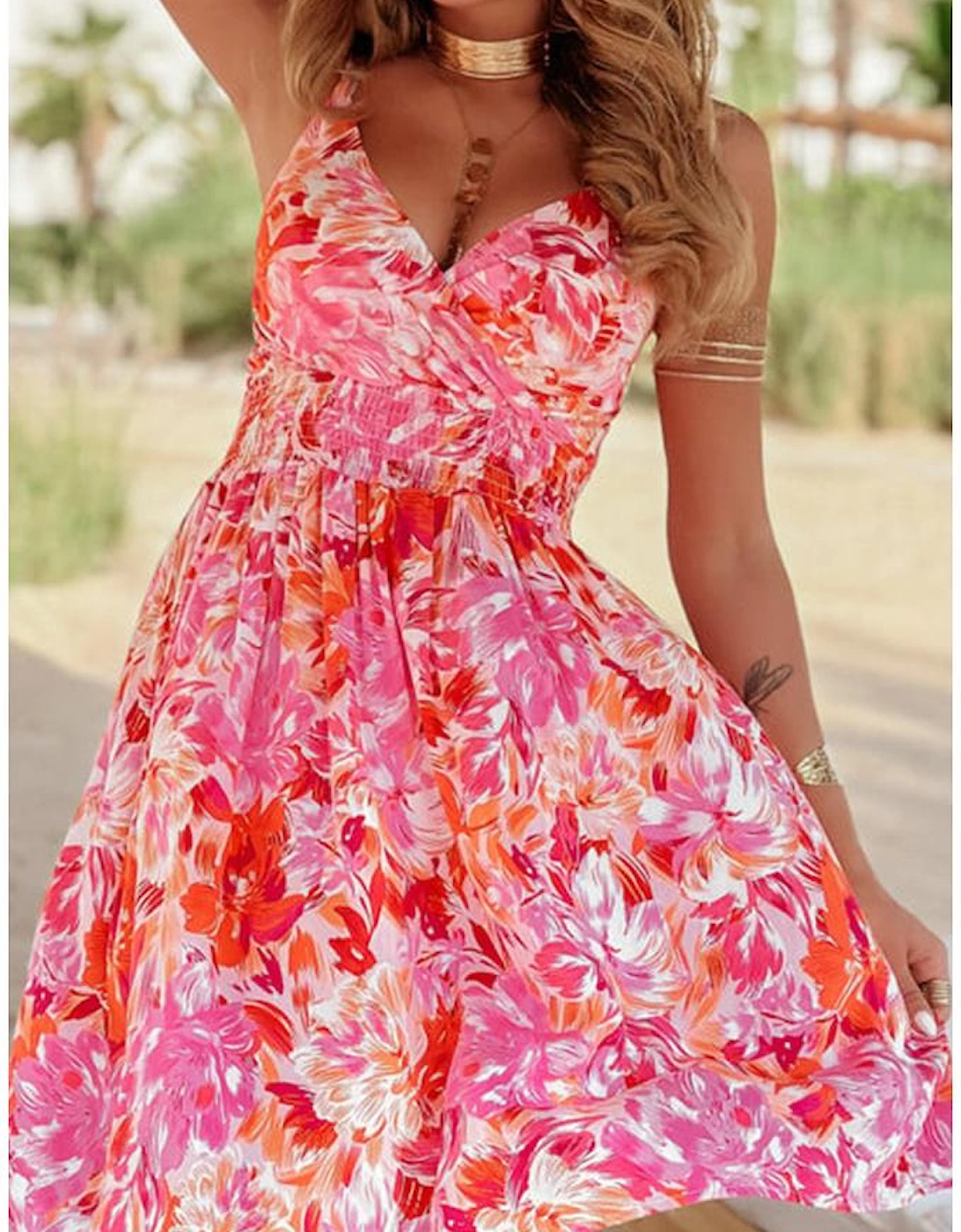 Red Floral Spaghetti Strap Surplice Neck Shirred Waist Mini Dress