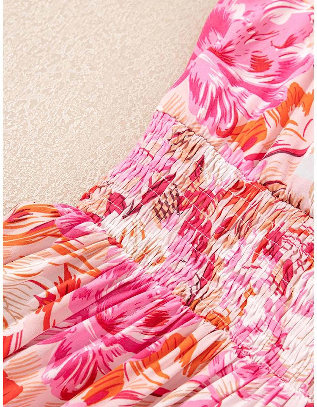 Red Floral Spaghetti Strap Surplice Neck Shirred Waist Mini Dress