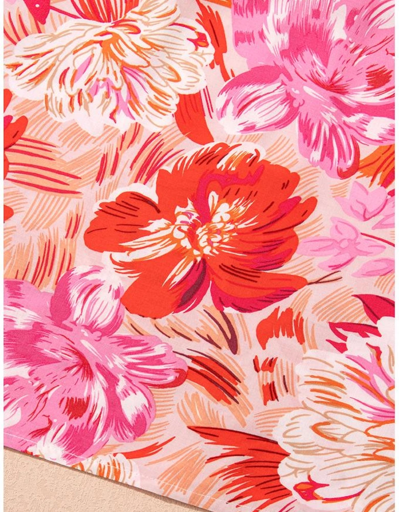 Red Floral Spaghetti Strap Surplice Neck Shirred Waist Mini Dress