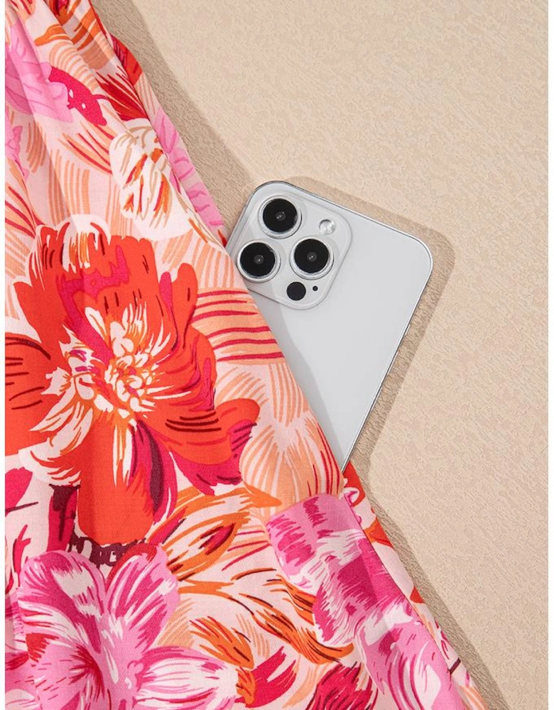 Red Floral Spaghetti Strap Surplice Neck Shirred Waist Mini Dress