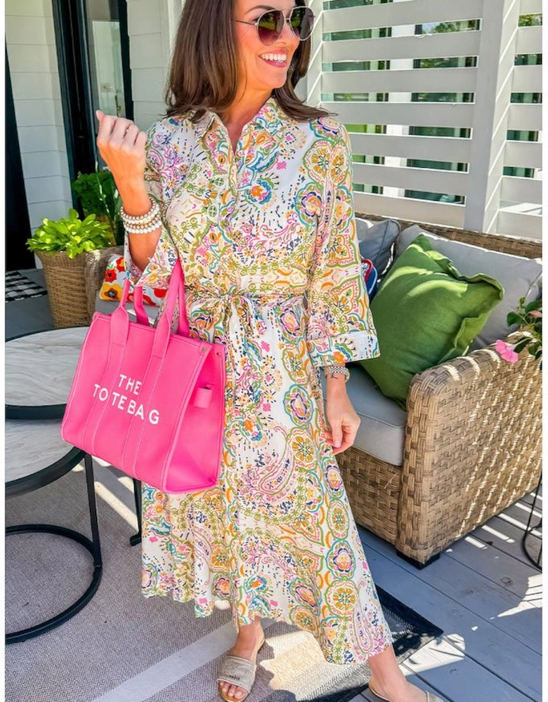 White Paisley Print Buttoned Knotted High Waist Midi Dress