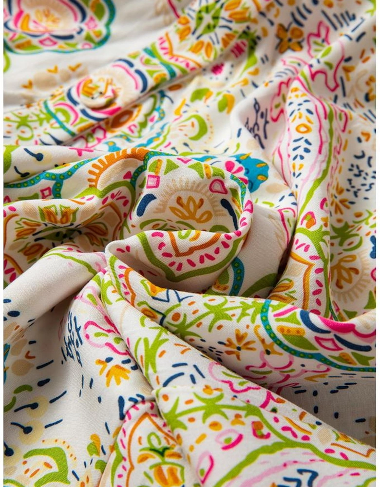 White Paisley Print Buttoned Knotted High Waist Midi Dress