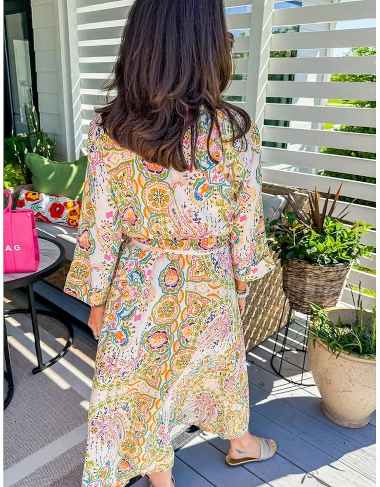 White Paisley Print Buttoned Knotted High Waist Midi Dress