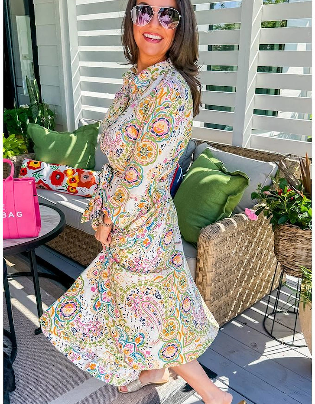 White Paisley Print Buttoned Knotted High Waist Midi Dress, 9 of 8