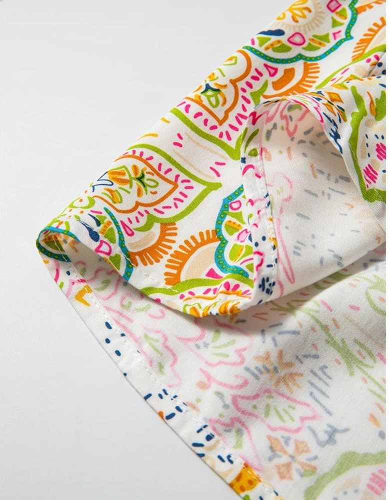 White Paisley Print Buttoned Knotted High Waist Midi Dress