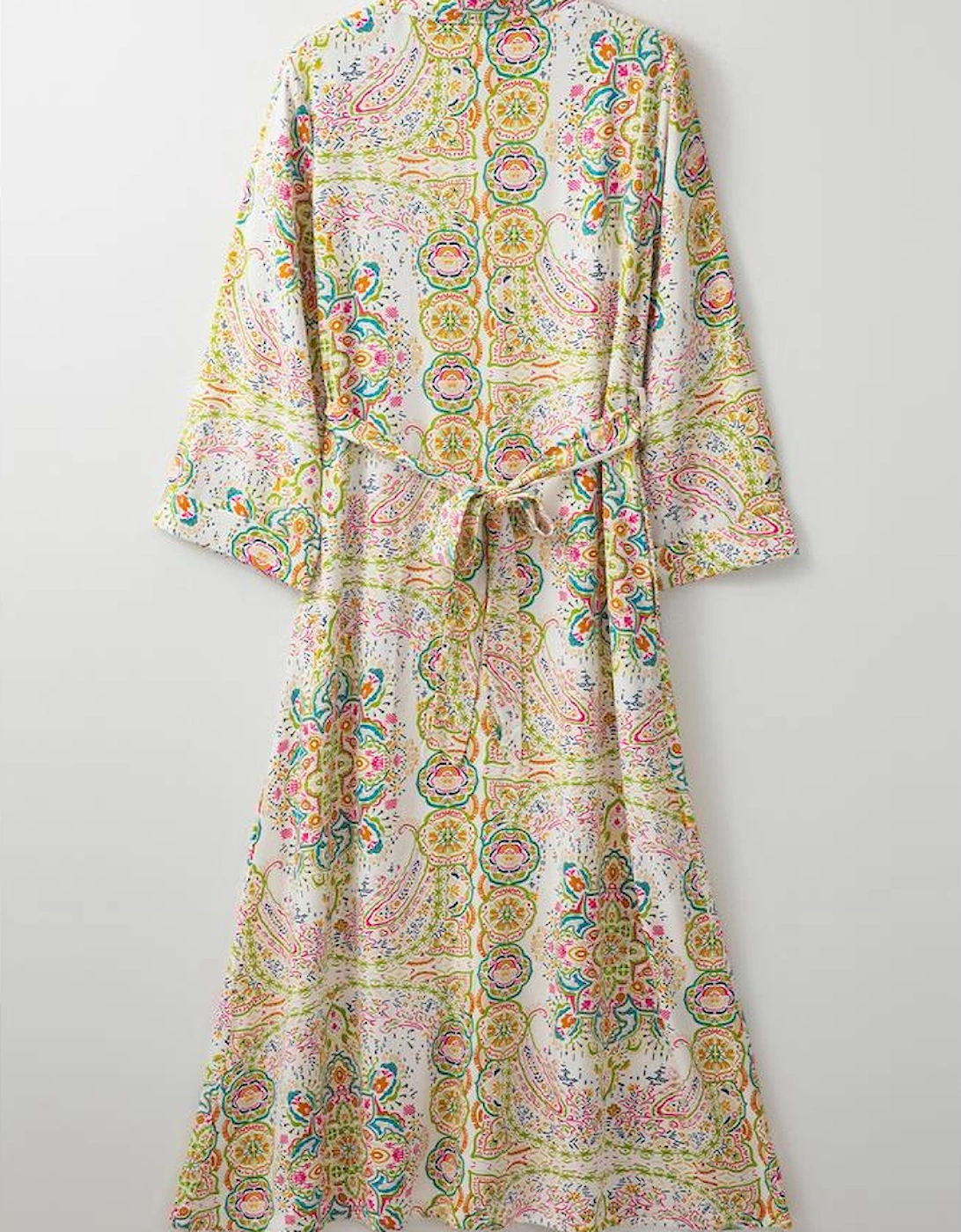 White Paisley Print Buttoned Knotted High Waist Midi Dress