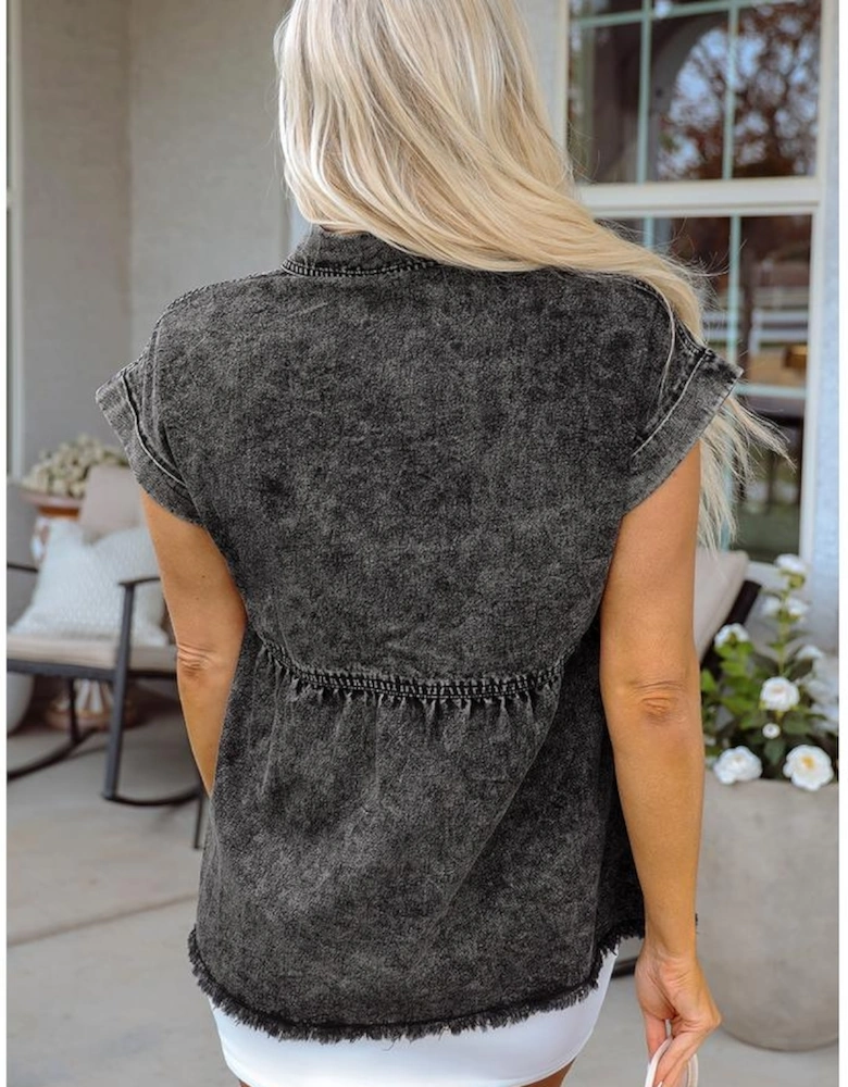 Black Short Sleeve Flap Pocket Button Up Raw Hem Denim Shirt