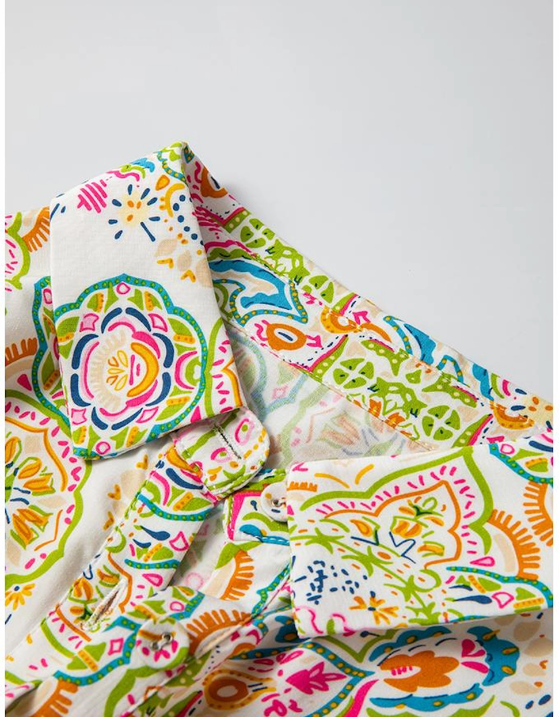 White Paisley Print Buttoned Knotted High Waist Midi Dress