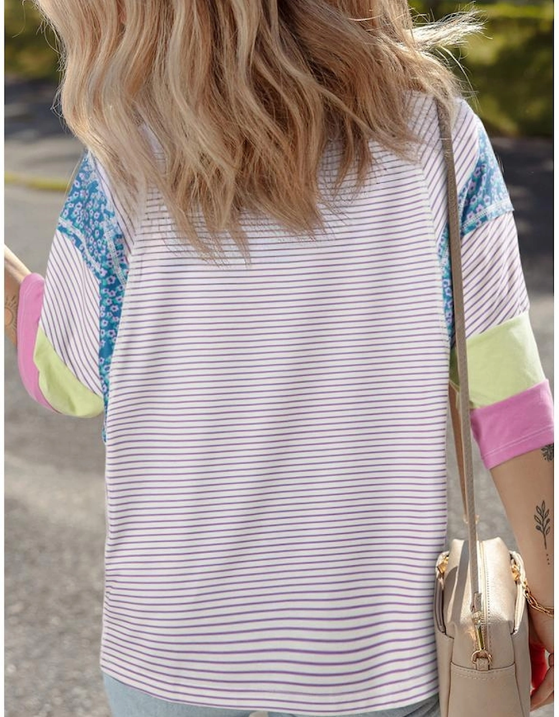 Purple Stripe Floral Color Block Raw Edge Patchwork Bracelet Sleeve Blouse, 10 of 9