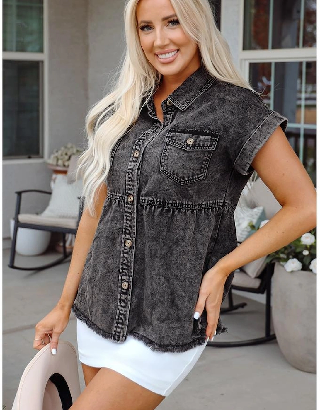 Black Short Sleeve Flap Pocket Button Up Raw Hem Denim Shirt