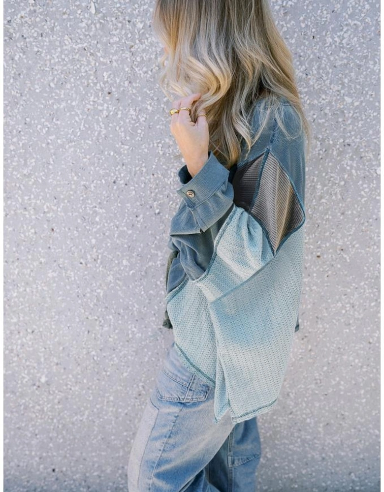 Dusk Blue Colorblock Stitching Patchwork Buttoned Long Sleeve Top