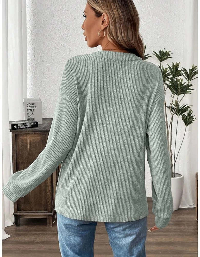 Clearly Aqua Ribbed Texture Drop Shoulder Henley Knit Top