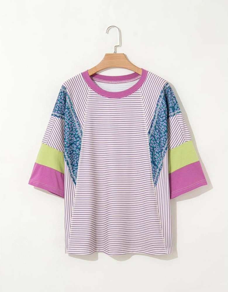 Purple Stripe Floral Color Block Raw Edge Patchwork Bracelet Sleeve Blouse