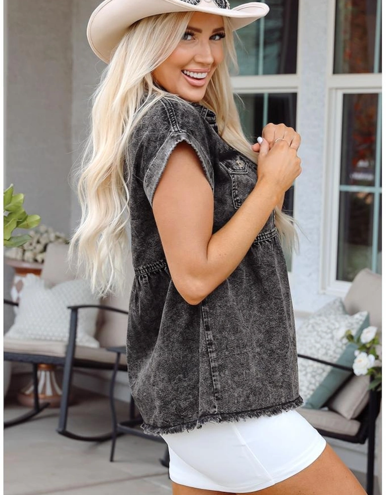 Black Short Sleeve Flap Pocket Button Up Raw Hem Denim Shirt