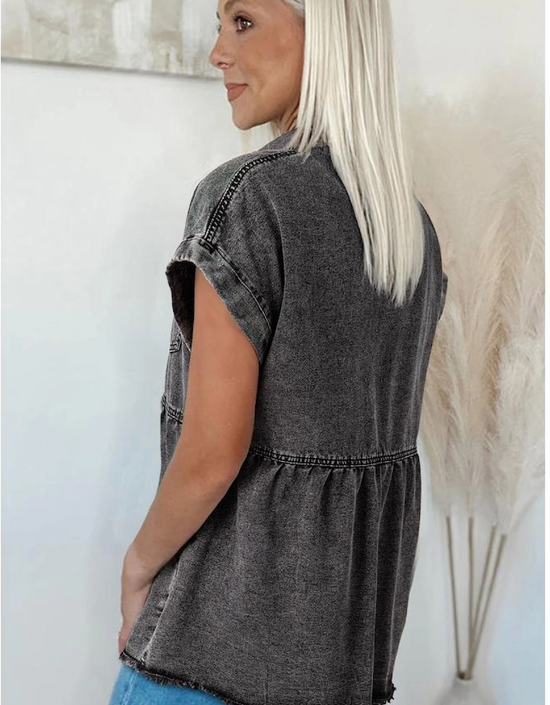 Black Short Sleeve Flap Pocket Button Up Raw Hem Denim Shirt