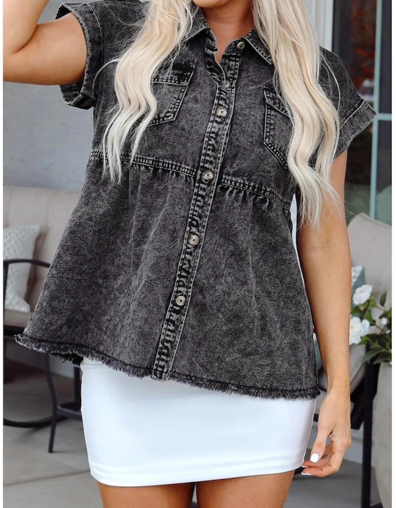 Black Short Sleeve Flap Pocket Button Up Raw Hem Denim Shirt