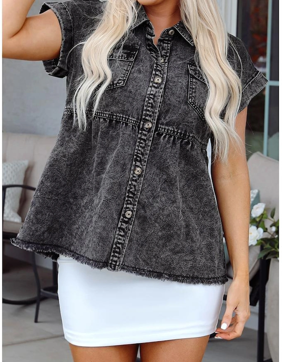 Black Short Sleeve Flap Pocket Button Up Raw Hem Denim Shirt