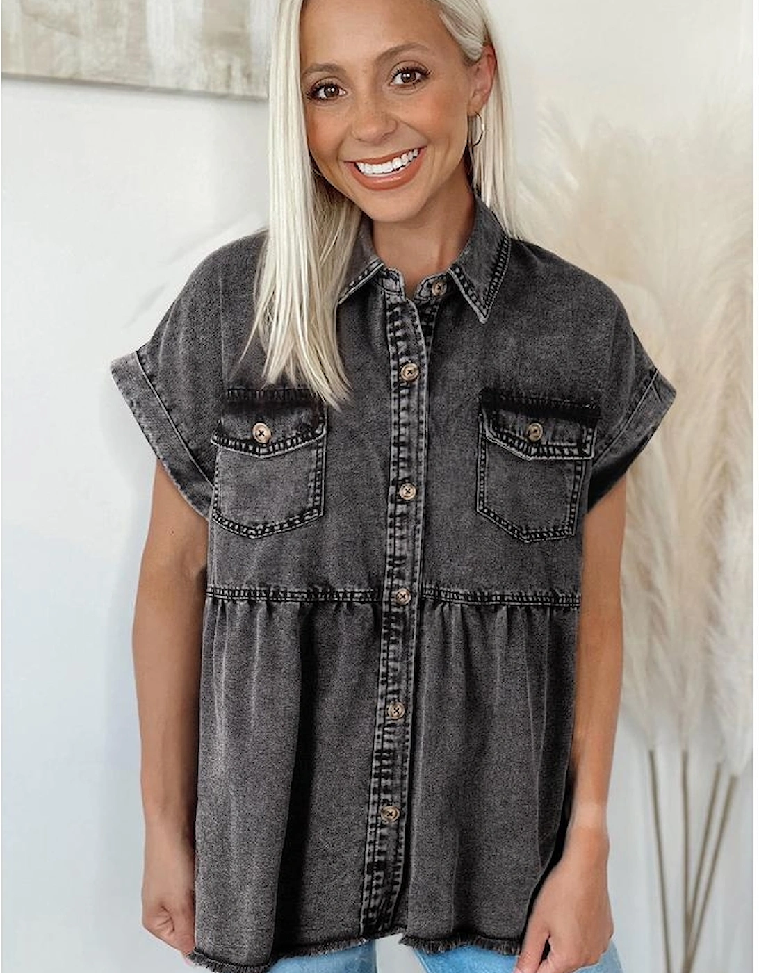 Black Short Sleeve Flap Pocket Button Up Raw Hem Denim Shirt