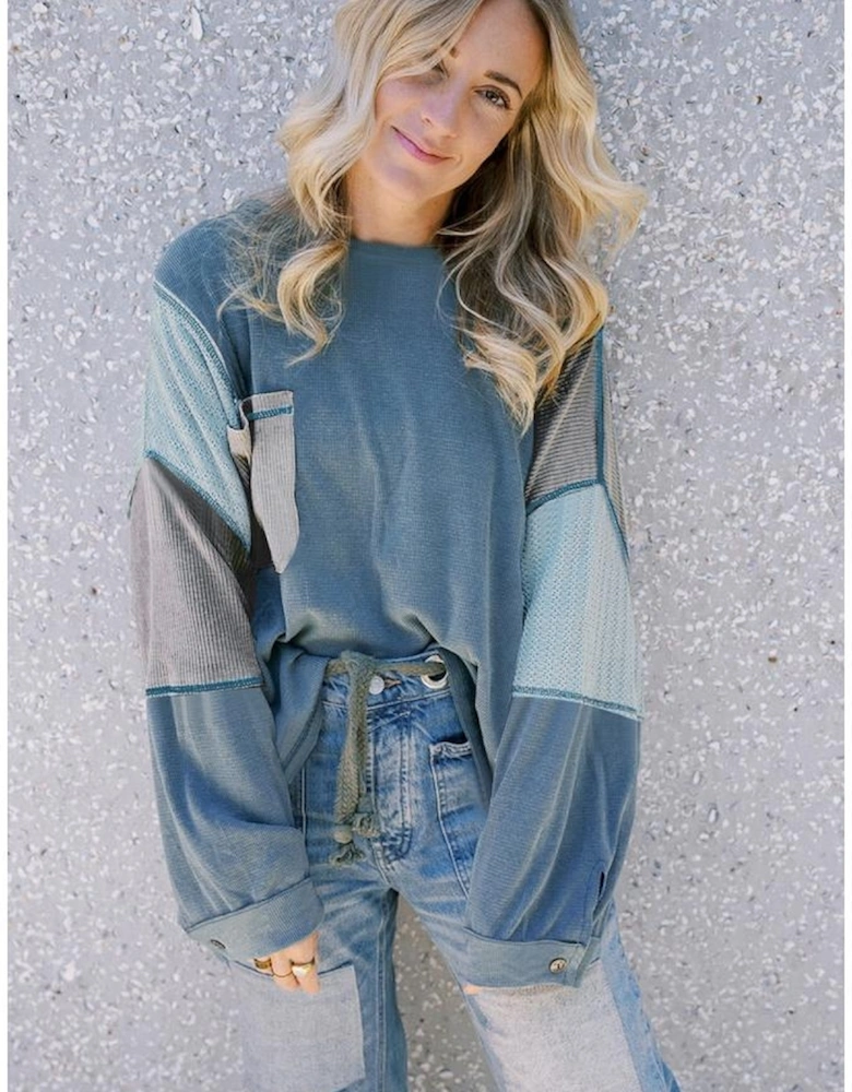 Dusk Blue Colorblock Stitching Patchwork Buttoned Long Sleeve Top
