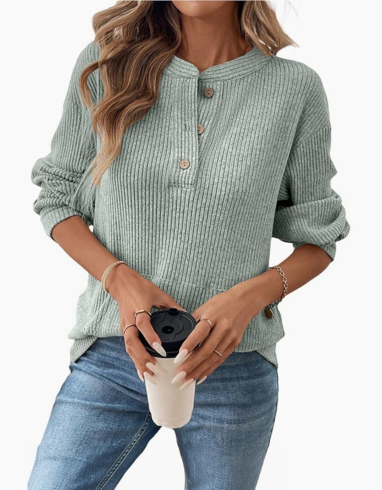Clearly Aqua Ribbed Texture Drop Shoulder Henley Knit Top