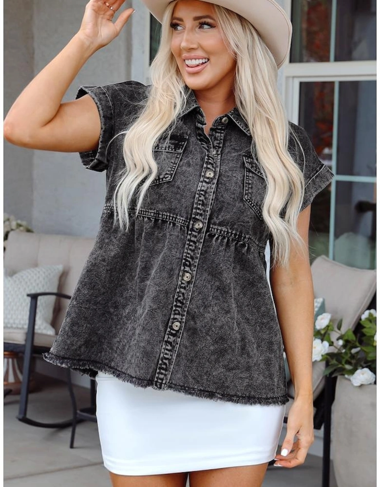 Black Short Sleeve Flap Pocket Button Up Raw Hem Denim Shirt
