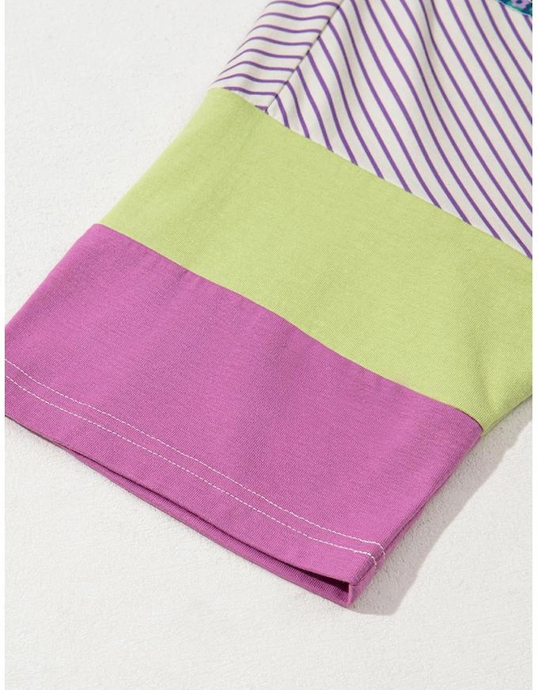 Purple Stripe Floral Color Block Raw Edge Patchwork Bracelet Sleeve Blouse
