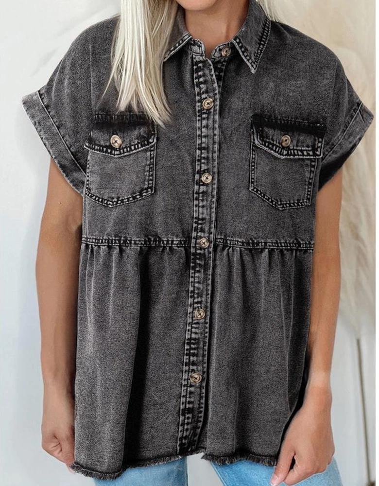Black Short Sleeve Flap Pocket Button Up Raw Hem Denim Shirt